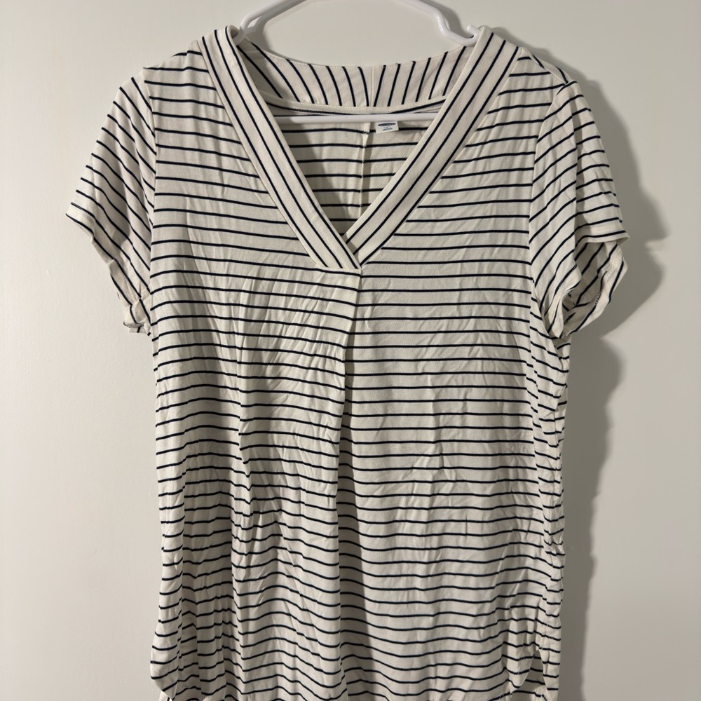 Old Navy Navy and White Striped V-Neck Tee